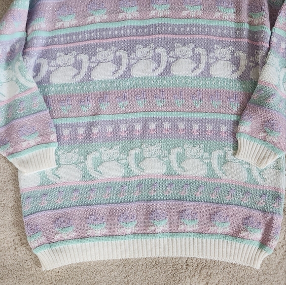 Vintage 1980s Rose Cats Fairy Kei Kawaii Pastel Sweater Sparkle Thread large - Picture 7 of 10
